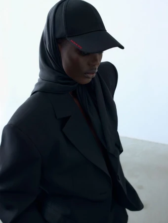 Model in black blazer wearing a black baseball cap over a matching headscarf against a white background.
