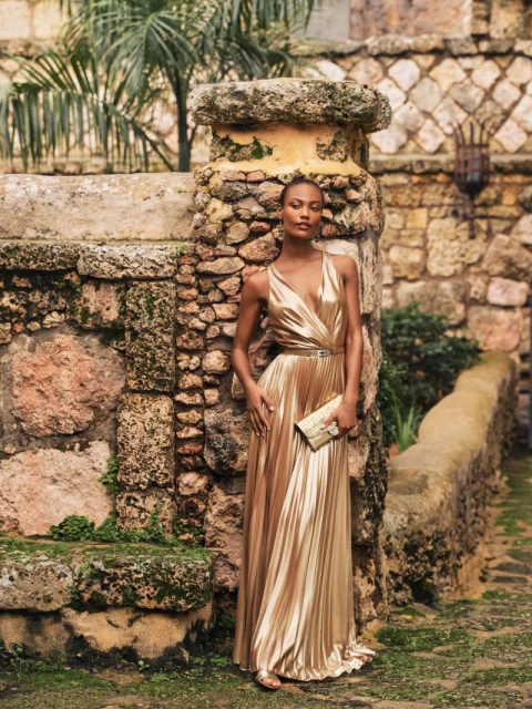 Elegant adult female in a gold gown poses near a stone wall outdoors, holding a matching clutch, fashion photoshoot.