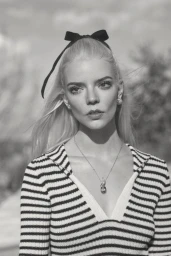 Monochrome portrait of Anya Taylor-Joy wearing a striped V-neck top with a black bow in her blonde hair.