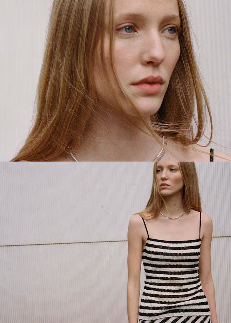 Close-up split image of a female model with long blonde hair wearing a black and white striped dress against a neutral wall.