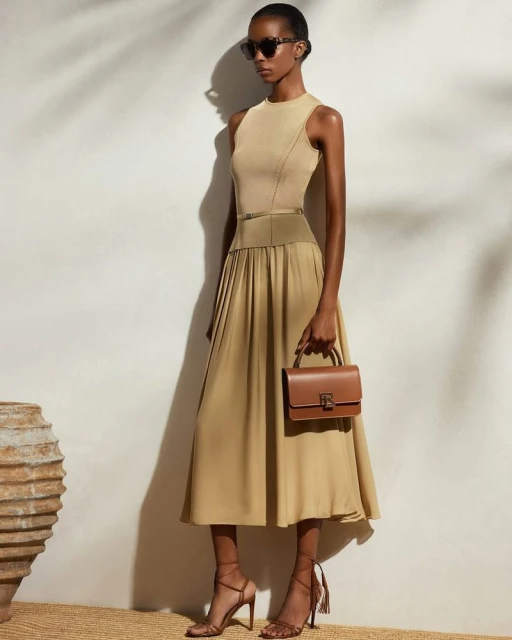 A slender fashion model in a tan sleeveless dress with a matching handbag and strappy heels poses in front of a textured wall.