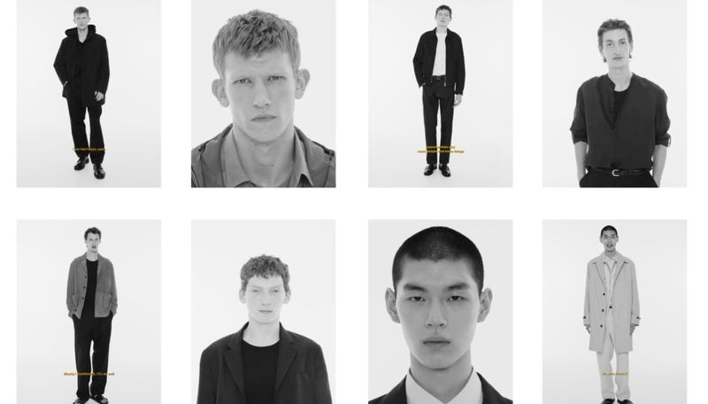 Monochrome fashion layout features eight headshots and full body shots of male models wearing various coats, jackets, and pants against a white backdrop.