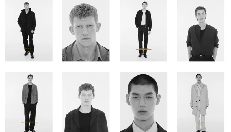 Monochrome fashion layout features eight headshots and full body shots of male models wearing various coats, jackets, and pants against a white backdrop.