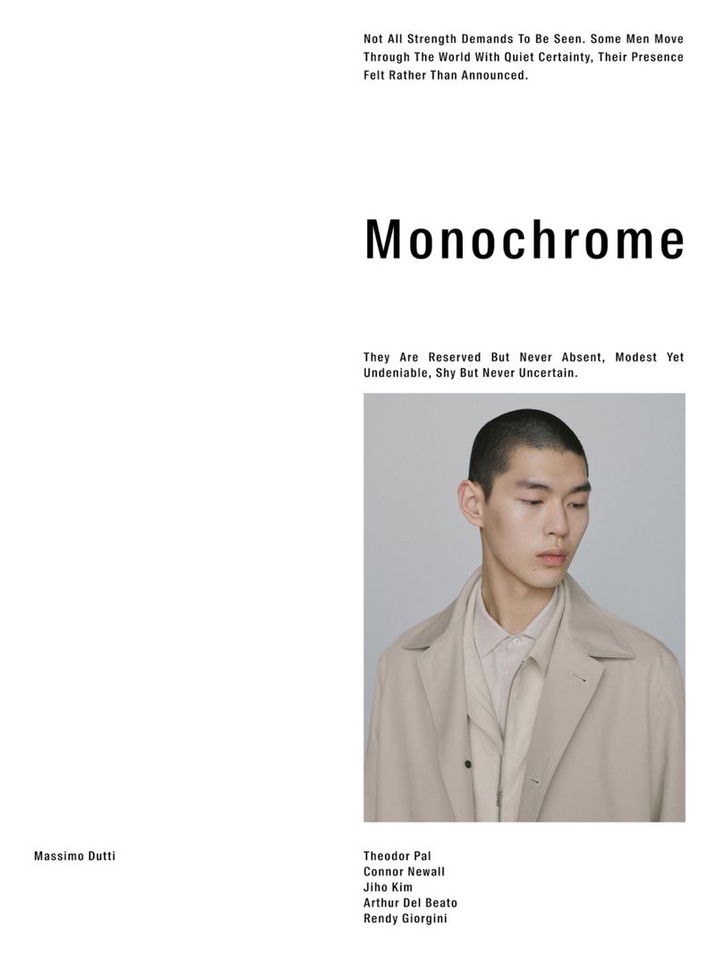 Monochrome fashion portrait of a young Asian man in a beige trench coat on a white background, promoting Massimo Dutti fashion brand.