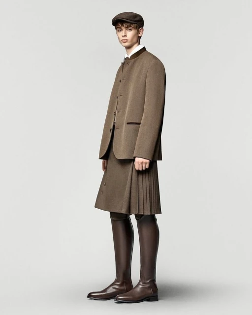 Fashion portrait of a young adult man in a tweed suit, pleated skirt, riding boots, and a newsboy cap against a neutral backdrop.