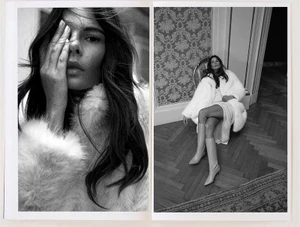 Black and white editorial spread showing a model in a faux fur coat with a close-up portrait and a seated full-body shot.