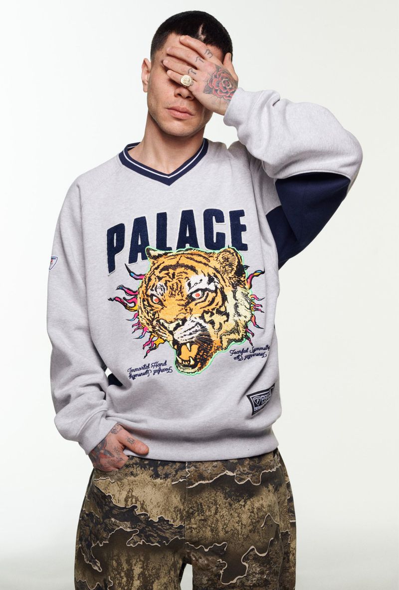A young adult with tattoos poses indoors wearing a grey Palace sweatshirt with a tiger graphic and camo pants against a white backdrop.