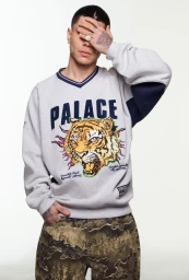 Man wearing a grey Palace sweatshirt with a tiger graphic and camo pants, covering his eyes with his hand against a white backdrop.