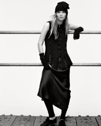 Monochrome fashion portrait of model Ida Heiner leaning against a railing wearing a black knitted top, skirt, and beanie hat.