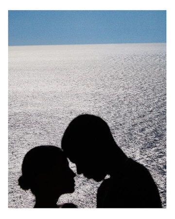 A silhouette of a couple standing close, their faces near each other, with the sea and sky in the background, and soft, diffused light.
