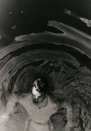 High-angle monochrome shot of a man partially submerged in dark swirling water, shot by Daniel Archer for Zara Man.
