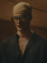 Close-up portrait of a male model wearing tinted glasses, a dark buttoned shirt, and a tan headscarf against a warm textured backdrop.