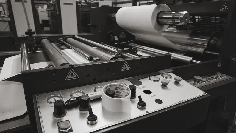 Industrial printing press with paper roll, rollers, and control panel in a monochrome setting, showcasing machinery and manufacturing process.