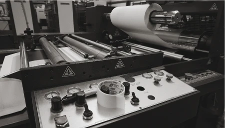 Close-up monochrome view of a printing press machine with control panel and paper roll in an industrial factory