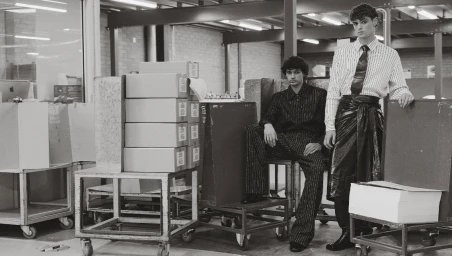Two male models posing in a warehouse setting surrounded by stacked cardboard boxes and utility carts, shot in monochrome.