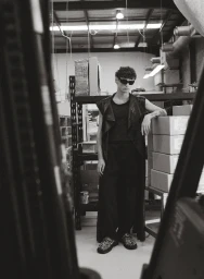 Black and white editorial photo of a young man wearing sunglasses and a leather vest in a warehouse setting