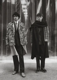 Two male models in patterned coats standing outdoors against a translucent plastic strip curtain for Icon Magazine Australia.