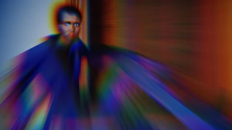 Model captured with intense optical motion blur and prismatic color fringing for Mugler Fall/Winter 2025 collection.