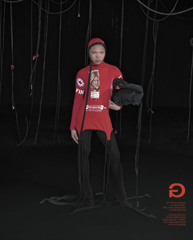 Fashion model in red long-sleeve shirt with attached leggings poses indoors with hanging cords and a black accessory bag.