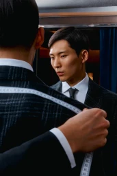 Man having his jacket measured with a tailor tape looking into a mirror for Harrods Tailoring 2025 campaign