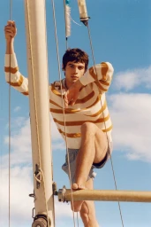 Young man in a white and yellow striped sweater standing on a sailboat mast against a blue sky