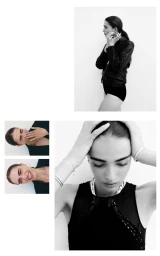 Black and white composite image featuring a woman wearing a dark top against a plain light background.