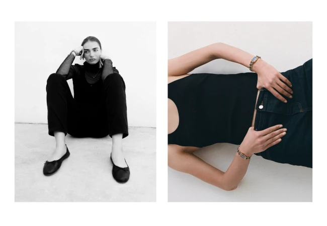 Two fashion shots: a seated woman in black clothes with ballet flats and a woman laying down with a bracelet, on white background.