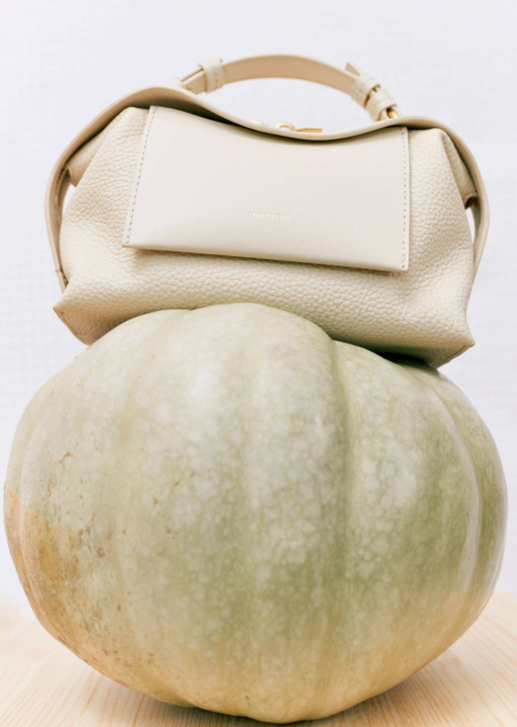 Beige purse with top handle sitting on top of a pale green pumpkin against a light neutral background, product photography.