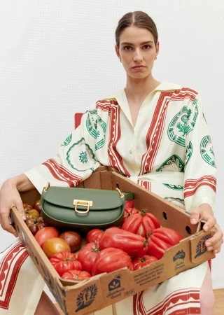 A woman in a patterned shirt dress sits with a green purse in a cardboard box full of red tomatoes indoors against a white wall.