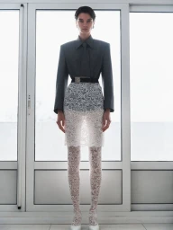 Model standing against glass doors wearing a grey button-up jacket, matching tie, white lace skirt, and patterned tights.