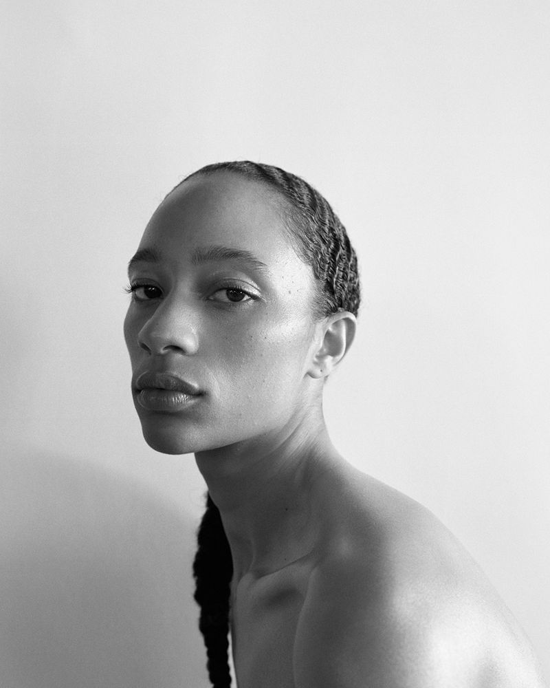Portrait of model Selena Forrest against a neutral background for Wales Bonner F/W 25 Woman's Lookbook
