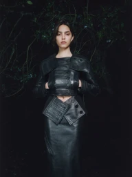 Model wearing an architectural black leather jacket and matching skirt standing before dark foliage