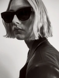 Model wearing dark sunglasses and a black leather jacket against a neutral studio background
