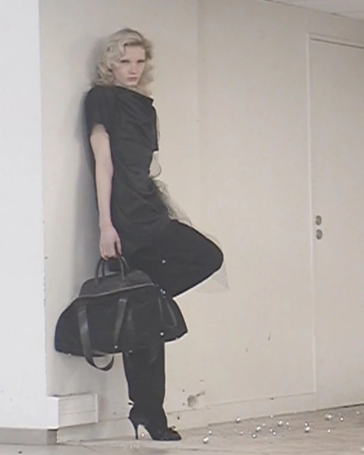 An adult female in black clothing poses against a white wall, holding a black bag, wearing high heels, and facing the camera.
