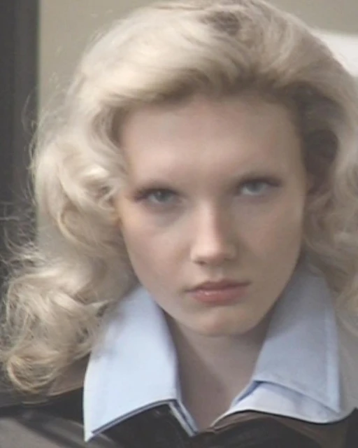 Close-up portrait of a fair-skinned young woman with blonde curly hair, wearing a collared shirt and jacket in a neutral indoor setting.