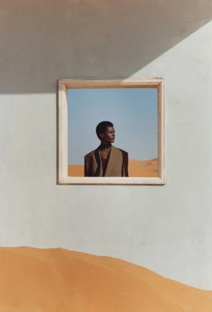 A striking fashion portrait features an African male model in a tan suit within a suspended frame, set against a surreal desert backdrop.