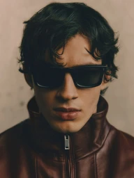 Close-up portrait of a male model wearing black sunglasses and a brown leather zip-up jacket against a neutral backdrop