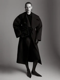 Model Julia Nobis wearing an oversized black coat, holding a handbag against a plain grey studio backdrop.