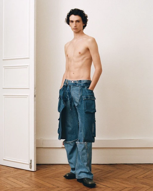 Adult male stands indoors in unique denim pants and black shoes against a neutral wall with a partially visible white door.