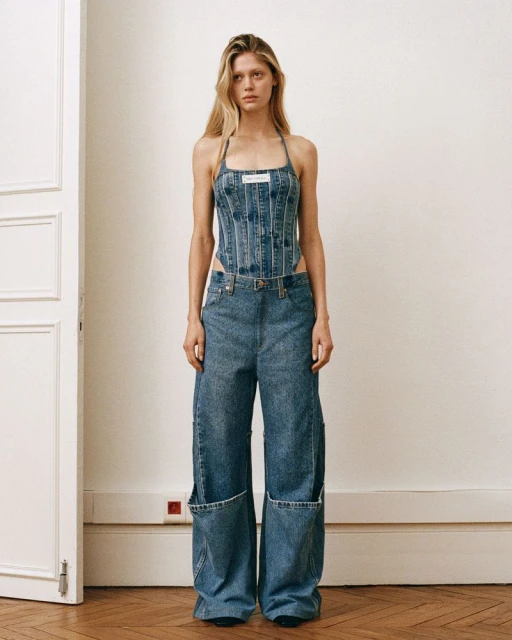 Full shot of a woman posing in denim halter top and baggy jeans, standing in a white room with wood floors and doorway visible.
