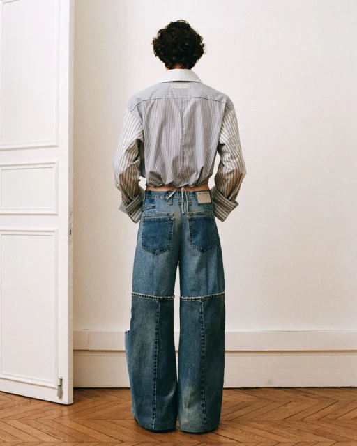 Rear view of a person wearing a striped button-down shirt tied at the waist and wide-leg denim pants in a studio with hardwood floors.