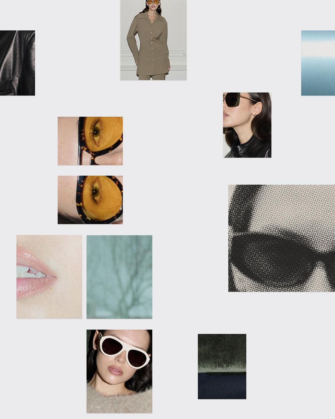 Collage of model portraits wearing sunglasses, a woman in a suit, closeups of eyes, lips, and textures against a gray backdrop.