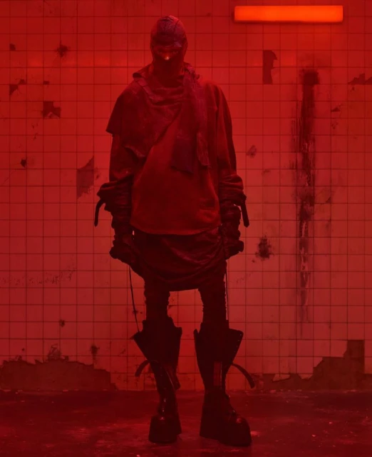 Figure in a red-lit space wearing a hooded garment with straps and boots. The scene is framed against a gridded tile wall.