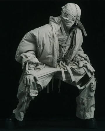 Person in avant-garde fashion, crouching in neutral tones against black backdrop; quilted bomber jacket, balaclava, cargo pants, boots.