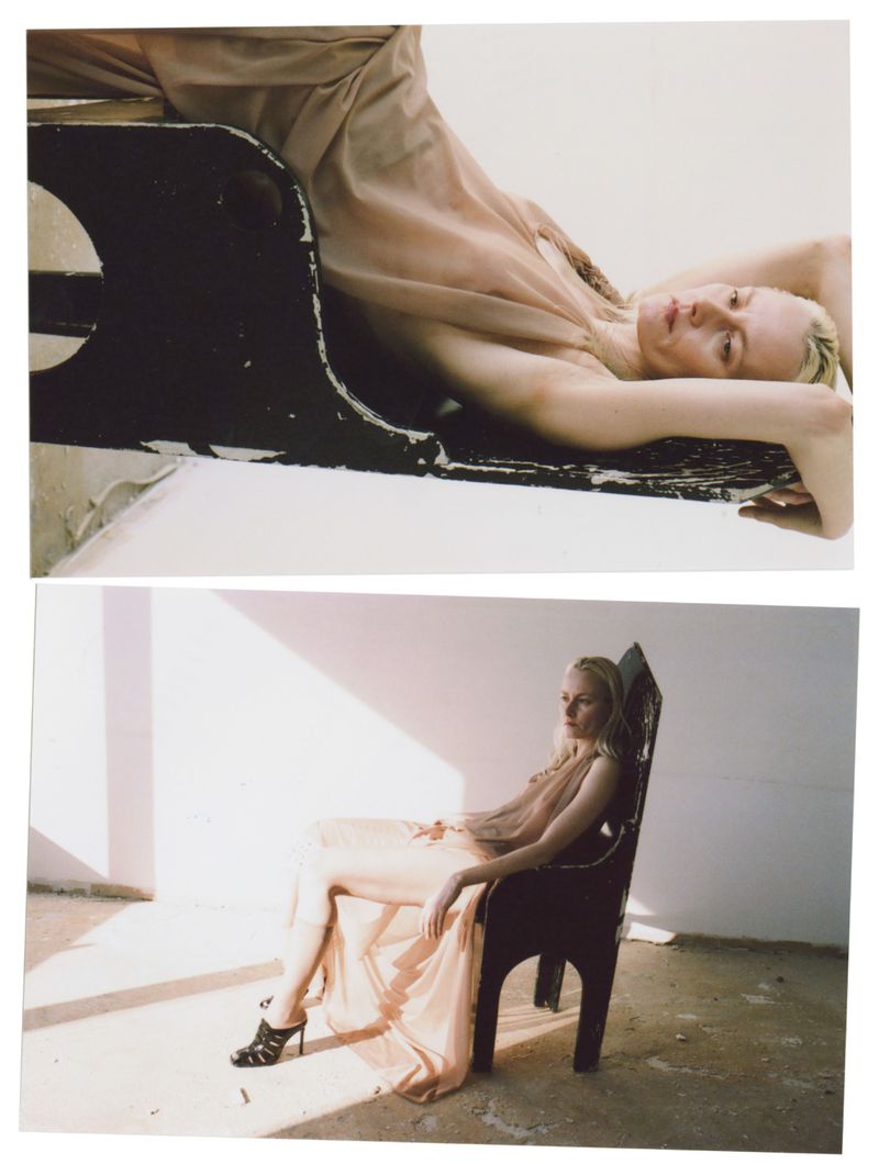 Fashionable woman in a dress poses on and in a black chair in a bright studio, in two combined shots for a stylish composite image.