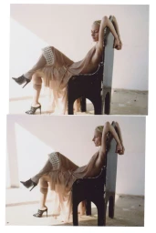 Model in a draped nude dress seated on a tall black chair against a pale wall for Diotima Fall Winter 25