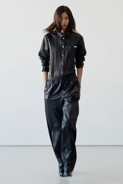 Fashion model poses in black outfit in a studio setting. She wears a shiny, vertically striped black shirt and matching wide-leg pants.