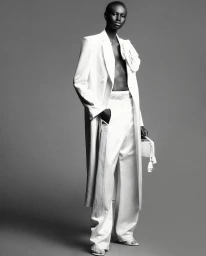 Model wearing a white tailored coat and trousers holding a handbag against a plain grey background