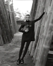 Model standing between vertical bamboo poles wearing dark apparel and holding a textured handbag for Relik Editions.