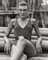 Monochrome fashion portrait of a model wearing a v-neck swimsuit seated against horizontal bamboo poles